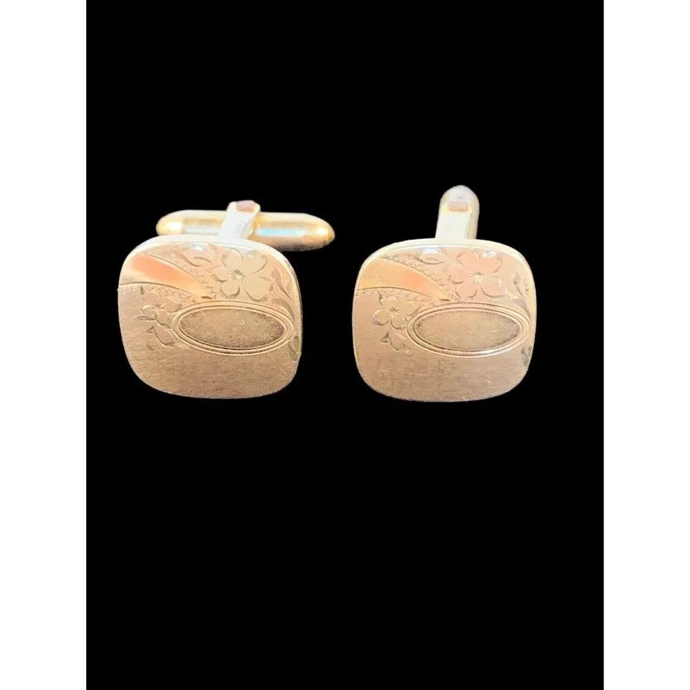 Vintage Correct Quality Gold Tone Cufflinks With Etched Flower Designs (743)